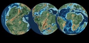 During the Mesozoic, the fragmentation of Pangaea contributed to long-term climate trends, such as weaker seasonality and warmer global mean temperatures. Shown are paleogeographic reconstructions for (left to right) 250 million, 150 million, and 70 million years ago. Credit: Jan Landwehrs; data provided by Christopher Scotese