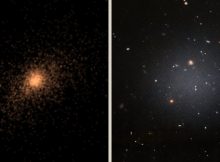 On the left, one of the ultra-diffuse galaxies that was analyzed in the simulation. On the right, the image of the DF2 galaxy, which is almost transparent. Credit: ESA/Hubble.