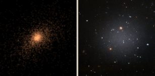 On the left, one of the ultra-diffuse galaxies that was analyzed in the simulation. On the right, the image of the DF2 galaxy, which is almost transparent. Credit: ESA/Hubble.
