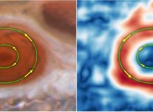 By analyzing images taken by NASA's Hubble Space Telescope from 2009 to 2020, researchers found that the average wind speed just within the boundaries of the Great Red Spot, set off by the outer green circle, have increased by up to 8 percent from 2009 to 2020 and exceed 400 miles per hour. In contrast, the winds near the storm's innermost region, set off by a smaller green ring, are moving significantly more slowly. Both move counterclockwise. Credit: NASA, ESA, Michael H. Wong (UC Berkeley)