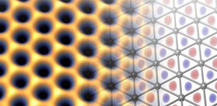 The measured electronic density (left) on the triangular indium lattice (right). The figure highlights how electrons (in yellow) do not sit on the atomic position but they rather occupy the voids in between (red and blue). As a result, an emergent honeycomb connectivity arises formally equivalent to the well-known graphene. At the same time, this "hidden" honeycomb motif equips indenene with a much larger bandgap, upgrading it to a superior quantum spin Hall system. Credit: ct.qmat