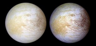This photograph of the Jovian moon Europa was taken in June 1997 at a range of 776,700 miles by NASA's Galileo spacecraft. Slightly smaller than Earth's moon, Europa has a very smooth surface and the solid ice crust has the appearance of a cracked eggshell. The interior has a global ocean with more water than found on Earth. It could possibly harbor life as we know it.