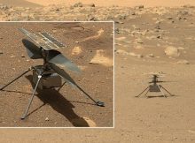 Left: NASA's Perseverance rover acquired this image of the Ingenuity Mars helicopter on the floor of Jezero Crater. (Image credit: NASA/JPL-Caltech); Background image: NASA's Ingenuity helicopter, photographed on the surface of Mars by the Perseverance rover on June 15, 2021. via AFP