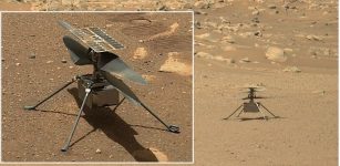 Left: NASA's Perseverance rover acquired this image of the Ingenuity Mars helicopter on the floor of Jezero Crater. (Image credit: NASA/JPL-Caltech); Background image: NASA's Ingenuity helicopter, photographed on the surface of Mars by the Perseverance rover on June 15, 2021. via AFP