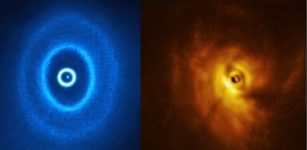 An image of GW Orionis, a triple star system with a mysterious gap in its surrounding dust rings. UNLV astronomers hypothesize the presence of a massive planet in the gap, which would be the first planet ever discovered to orbit three stars. The left image, provided by the Atacama Large Millimeter/submillimeter Array (ALMA) telescope, shows the disc’s ringed structure, with the innermost ring separated from the rest of the disc. The observations in the right image show the shadow of the innermost ring on the rest of the disc. UNLV astronomers used observations from ALMA to construct a comprehensive model of the star system. Credit: ALMA (ESO/NAOJ/NRAO), ESO/Exeter/Kraus et al.