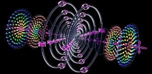 Schematics of spatial topological structures of magnetic vortex rings and skyrmions in a supertoroidal light pulse. The gray dots and rings mark the distribution of singularities (saddle points and vortex rings) in magnetic field, large pink arrows mark selective magnetic vector directions, and the smaller colored arrows show the skyrmionic structures in magnetic field. Credit: Yijie Shen (2021).