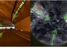 Left: A curving tunnel, with lines formed by the tunnel lights and road lane markers, forms a similar geometry to the proposed model of the North Polar Spur and Fan Region (photo by Pixabay/ illustration by Jennifer West). Right: The sky as it would appear in radio polarized waves
