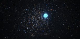 This artist’s impression shows a compact black hole 11 times as massive as the Sun and the five-solar-mass star orbiting it. The two objects are located in NGC 1850, a cluster of thousands of stars roughly 160 000 light-years away in the Large Magellanic Cloud, a Milky Way neighbour. The distortion of the star’s shape is due to the strong gravitational force exerted by the black hole. Not only does the black hole’s gravitational force distort the shape of the star, but it also influences its orbit. By looking at these subtle orbital effects, a team of astronomers were able to infer the presence of the black hole, making it the first small black hole outside of our galaxy to be found this way. For this discovery, the team used the Multi Unit Spectroscopic Explorer (MUSE) instrument at ESO’s Very Large Telescope in Chile. Credit: ESO/M. Kornmesser