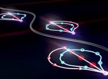 In the lower right a near-IR laser separates the two electrons (empty circles) from the two kinds of holes (solid circles). The charges are accelerated away from each other by the fluctuating electric field from the terahertz laser (gray wave). The changing field then drags the charges toward each other, at which point they combine and emit two flashes of light. The trajectories are depicted in one dimension of space with time flowing from the bottom right to top left. Credit: Brian Long