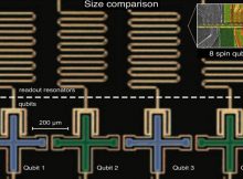 The illustration shows the size difference between spin qubits and superconducting qubits. Credit: University of Copenhagen