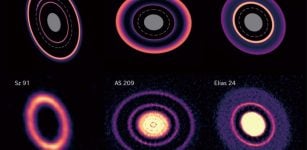 A comparison of the three phases of ring formation and deformation found in these simulations by ATERUI II (top) with real examples observed by ALMA (bottom). The dotted lines in the simulation represent the orbits of the planets, and the gray areas indicate regions not covered by the computational domain of the simulation. In the upper row, the simulated protoplanetary disks are shown from left to right at the start of planetary migration (Phase I), during planetary migration (Phase II), and at the end of planetary migration (Phase III). Credit: Kazuhiro Kanagawa, ALMA (ESO/NAOJ/NRAO)