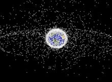A computer-generated image representing the locations, but not relative sizes, of space debris as could be seen from high Earth orbit.