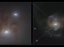 This image shows close-up (left) and wide (right) views of the two bright galactic nuclei, each housing a supermassive black hole, in NGC 7727, a galaxy located 89 million light-years away from Earth in the constellation Aquarius. Each nucleus consists of a dense group of stars with a supermassive black hole at its centre. The two black holes are on a collision course and form the closest pair of supermassive black holes found to date. It is also the pair with the smallest separation between two supermassive black holes found to date — observed to be just 1600 light-years apart in the sky. The image on the left was taken with the MUSE instrument on ESO’s Very Large Telescope (VLT) at the Paranal Observatory in Chile while the one on the right was taken with ESO's VLT Survey Telescope. Credit: ESO/Voggel et al.; ESO/VST ATLAS team. Acknowledgement: Durham University/CASU/WFAU