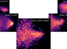 Galaxy cluster collisions go through different stages, taking on various shapes. The rough version of the model contains three stages: first a blunt body shape (see Bullet Cluster), then a sharp cone (see ZwCl 2341+0000) and then a tongue-like shape (see Abell 168). Until now, astronomers were still missing the middle piece of the puzzle in their observations. Now they have found it with ZwCl 2341+0000. In the upper left (1E2216/1E2215) you see two galaxy clusters prior to collision. In the upper right (Coma Cluster) you see the end result after the merger has taken enough time to reach its final form. These are all X-ray images showing the intracluster medium (ICM). The ICM is the matter that actually collides. The galaxies and possible dark matter drift along undisturbed, apart from a gravitational pull. Credit: SRON Netherlands Institute for Space Research