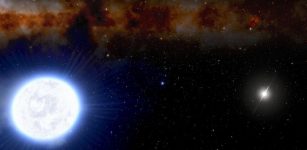 Artist's impression of an evolving white dwarf and millisecond pulsar binary system.