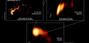 The curved jet in the active galaxy OJ 287 from radio images taken at three different wavelengths and resolutions. Top left: RadioAstron at 1.3 cm wavelength - a global array including the space radio telescope Spektr-R in orbit around Earth. Top right: the Global mm-VLBI Array at 3.5 mm wavelength. Bottom: the Very Long Baseline Array at 2 cm wavelength - an array of ten antennas across the USA. The ellipses at the bottom left indicate the image resolution in each case, the angular and linear scale are shown by a horizontal white bar at the bottom. The top panel shows a record-breaking resolution of about 12 micro arc seconds, achieved when the space radio telescope is 15 earth diameters away from the ground telescopes (a distance of about 190.000 km, corresponding to half the distance between moon and Earth). Credit: Eduardo Ros / MPIfR (Collage), Gómez et al., The Astrophysical Journal, 2022 (Bilder)