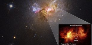 A pullout of the central region of dwarf starburst galaxy Henize 2-10 traces an outflow, or bridge of hot gas 230 light-years long, connecting the galaxy's massive black hole and a star-forming region.