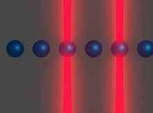 Two trapped ions (in blue) are selected by optical tweezers (in red). A quantum gate between the ions can be implemented using electric fields. Credit: University of Amsterdam
