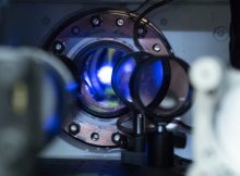 JILA researchers measured time dilation, or how an atomic clock's ticking rate varied by elevation, within this tiny cloud of strontium atoms. Credit: R. Jacobson/NIST