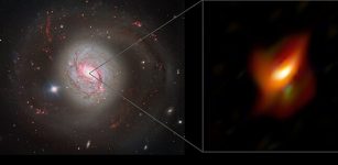 The left panel of this image shows a dazzling view of the active galaxy Messier 77 captured with the FOcal Reducer and low dispersion Spectrograph 2 (FORS2) instrument on ESO’s Very Large Telescope. The right panel shows a blow-up view of the very inner region of this galaxy, its active galactic nucleus, as seen with the MATISSE instrument on ESO’s Very Large Telescope Interferometer. Credit: ESO/Jaffe, Gámez-Rosas et al.