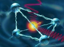 Artist's illustration depicts the quantum spin of an ytterbium ion with the surrounding yttrium orthovanadate crystal. The spin states of the atoms can be used as a processing unit (like transistors on a computer chip). By using the ytterbium to control four vanadium atoms simultaneously, the engineers were able to realize a 2-qubit processor, an important building block in the development of quantum computers and quantum networks. (Credit: MAAYAN VISUALS)