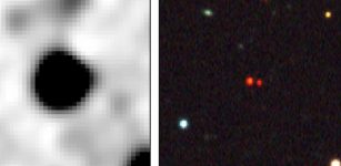 WISE (left) and the Dark Energy Survey Collaboration (DES) (right) images of CWISE J0146-0508AB. In the lower-resolution WISE image, the pair are blended into a single point-source, while two distinct entities are visible in the higher-resolution DES image. The reddish hue of both objects in the DES image shows that they emit much of their light in the infrared, a trait typical of brown dwarfs. Credit: WISE/DES/Softich et al