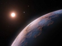 Artist’s impression of the Proxima d, an exoplanet candidate identified earlier this year orbiting the faint red dwarf star α Centauri C. The work of Wang et al. models a hypothetical exoplanet orbiting the much brighter Sun-​like stars α Centauri A and α Centauri B. (Image: ESO/L. Calçada)