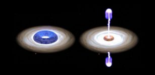Two screenshots of the animation of two phases of a black hole. On the left, a big and hot corona, the disk of material depicted in blue, has formed around the center of the black hole and there is no jet. On the right, the corona is smaller and cooler (depicted in red/orange) and the black hole ejects the jet. Credit: Méndez et al.