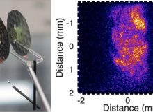 Left: Photo of the TDYNO target deployed at the National Ignition Facility through the Discovery Science program. Right: X-ray image of the turbulent plasma generated in the experiments, taken at 28 billionths of a second after the lasers fire.