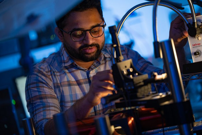 1 / 1Rice University postdoctoral fellow Kedar Joshi prepares an experiment at the Biswal Lab to see how magnetic fields will affect a colloid of magnetic particles. Joshi and his mentor, chemical and biomolecular engineer Sibani Lisa Biswal, recently discovered unusual properties in magnetized colloids that adhere to Kelvin’s equation, which models thermodynamics. Credit: Jeff Fitlow/Rice University