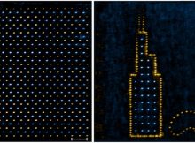 Left: A hybrid array of cesium atoms (yellow) and rubidium atoms (blue). Right: The customizability of the researchers' technique enables them to place the atoms anywhere, allowing them to create this image of Chicago landmarks Willis Tower and the Cloud Gate. The scale bar in both images is 10 micrometers. Credit: Hannes Bernien