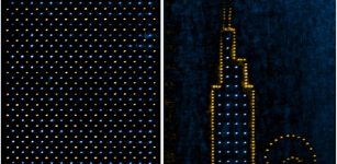 Left: A hybrid array of cesium atoms (yellow) and rubidium atoms (blue). Right: The customizability of the researchers' technique enables them to place the atoms anywhere, allowing them to create this image of Chicago landmarks Willis Tower and the Cloud Gate. The scale bar in both images is 10 micrometers. Credit: Hannes Bernien