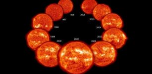 A new study has identified a nearby star whose sunspot cycles appear to have stopped. Studying this star might help explain the period from the mid 1600s to the early 1700s when our sun paused its sunspot cycles. This image depicts a typical 11-year cycle on the sun, with the fewest sunspots appearing at its minimum (top left and top right) and the most appearing at its maximum (center). Credit: NASA