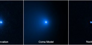 This sequence shows how the nucleus of Comet C/2014 UN271 (Bernardinelli-Bernstein) was isolated from a vast shell of dust and gas surrounding the solid icy nucleus. On the left is a photo of the comet taken by the NASA Hubble Space Telescope's Wide Field Camera 3 on January 8, 2022. A model of the coma (middle panel) was obtained by means of fitting the surface brightness profile assembled from the observed image on the left. This allowed for the coma to be subtracted, unveiling the point-like glow from the nucleus. Combined with radio telescope data, astronomers arrived at a precise measurement of the nucleus size. That's no small feat from something about 2 billion miles away. Though the nucleus is estimated to be as large as 85 miles across, it is so far away it cannot be resolved by Hubble. Its size is derived from its reflectivity as measured by Hubble. The nucleus is estimated to be as black as charcoal. The nucleus area is gleaned from radio observations. Credit: NASA, ESA, Man-To Hui (Macau University of Science and Technology), David Jewitt (UCLA)Image Processing: Alyssa Pagan (STScI)