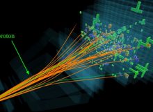 A proton–proton collision event recorded by the LHCb detector, showing the track followed by an antiproton formed in the collision (Image: CERN)