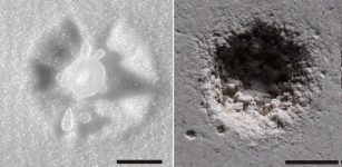 A new study led by University of Minnesota Twin Cities researchers shows why liquid droplets have the ability to erode hard surfaces, a discovery that could help engineers design more erosion-resistant materials. The above image shows the impact droplets can make on a granular, sandy surface (left) versus a hard, plaster (right) surface. Credit: Cheng Research Group, University of Minnesota