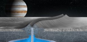 This artist’s conception shows how double ridges on the surface of Jupiter’s moon Europa may form over shallow, refreezing water pockets within the ice shell. This mechanism is based on the study of an analogous double ridge feature found on Earth’s Greenland Ice Sheet. Credit: Justice Blaine Wainwright