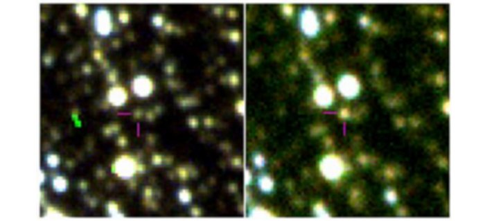 Color images from CFHT showing the field around K2-2016-BLG-0005 outside (left) and inside (right) of the caustic crossing. Celestial North points upwards and East to the left. The magenta cross-hair locates the microlensed source. Credit: D. Specht et al, Kepler K2 Campaign 9: II. First space-based discovery of an exoplanet using microlensing, https://arxiv.org/pdf/2203.16959.pdf