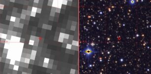 The view of the region close to the Galactic Centre centred where the planet was found. The two images show the region as seen by Kepler (left) and by the Canada-France-Hawaii Telescope (CFHT) from the ground. The planet is not visible but its gravity affected the light observed from a faint star at the centre of the image (circled). Kepler's very pixelated view of the sky required specialised techniques to recover the planet signal