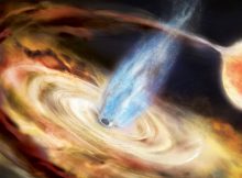A black hole pulls material off a neighboring star and into an accretion disk. Credit: Aurore Simonnet and NASA’s Goddard Space Flight Center