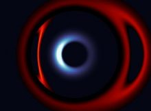 In this simulation of a supermassive black hole merger, the blue-shifted black hole closest to the viewer amplifies the red-shifted black hole in the back through gravitational lensing. The researchers discovered a distinct dip in brightness when the closest black hole passed in front of the shadow of its counterpart, an observation that could be used to measure the size of both black holes and test alternative theories of gravity. Credit: Jordy Davelaar