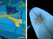 ATLAS (left) and CMS (right) candidate events for a Higgs boson decaying into a pair of tau leptons. Credit: CERN