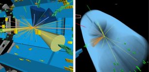 ATLAS (left) and CMS (right) candidate events for a Higgs boson decaying into a pair of tau leptons. Credit: CERN