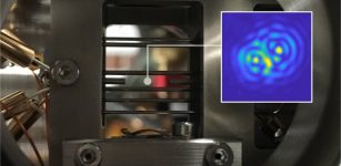The ion trap used to levitate a single nanoparticle. Inset: optical interference between the particle and its mirror image. Credit: Quantum Interface Group, University of Innsbruck