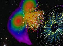 Artist's rendering showing the simulation of two merging neutron stars (left) and the emerging particle tracks that can be seen in a heavy-ion collision (right) that creates matter under similar conditions in the laboratory. Credit: Tim Dietrich, Arnaud Le Fevre, Kees Huyser, ESA/Hubble, Sloan Digital Sky Survey