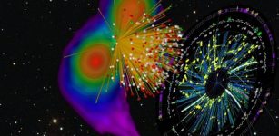 Artist's rendering showing the simulation of two merging neutron stars (left) and the emerging particle tracks that can be seen in a heavy-ion collision (right) that creates matter under similar conditions in the laboratory. Credit: Tim Dietrich, Arnaud Le Fevre, Kees Huyser, ESA/Hubble, Sloan Digital Sky Survey