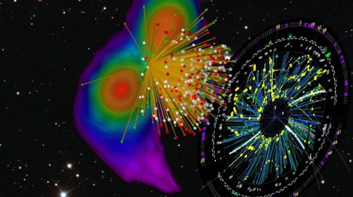 Artist's rendering showing the simulation of two merging neutron stars (left) and the emerging particle tracks that can be seen in a heavy-ion collision (right) that creates matter under similar conditions in the laboratory. Credit: Tim Dietrich, Arnaud Le Fevre, Kees Huyser, ESA/Hubble, Sloan Digital Sky Survey