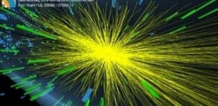 Cascade of events triggered by colliding lead ions in the LHC’s CMS detector, recorded in November 2018. Credit: CMS/CERN