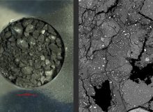 Left: A photograph of the rocks retrieved by Hayabusa2 from the asteroid Ryugu. Right: a zoomed-in image of the structure of one of the pieces, taken by an electron microscope. Credit: JAXA/Yokoyama et al.