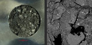 Left: A photograph of the rocks retrieved by Hayabusa2 from the asteroid Ryugu. Right: a zoomed-in image of the structure of one of the pieces, taken by an electron microscope. Credit: JAXA/Yokoyama et al.